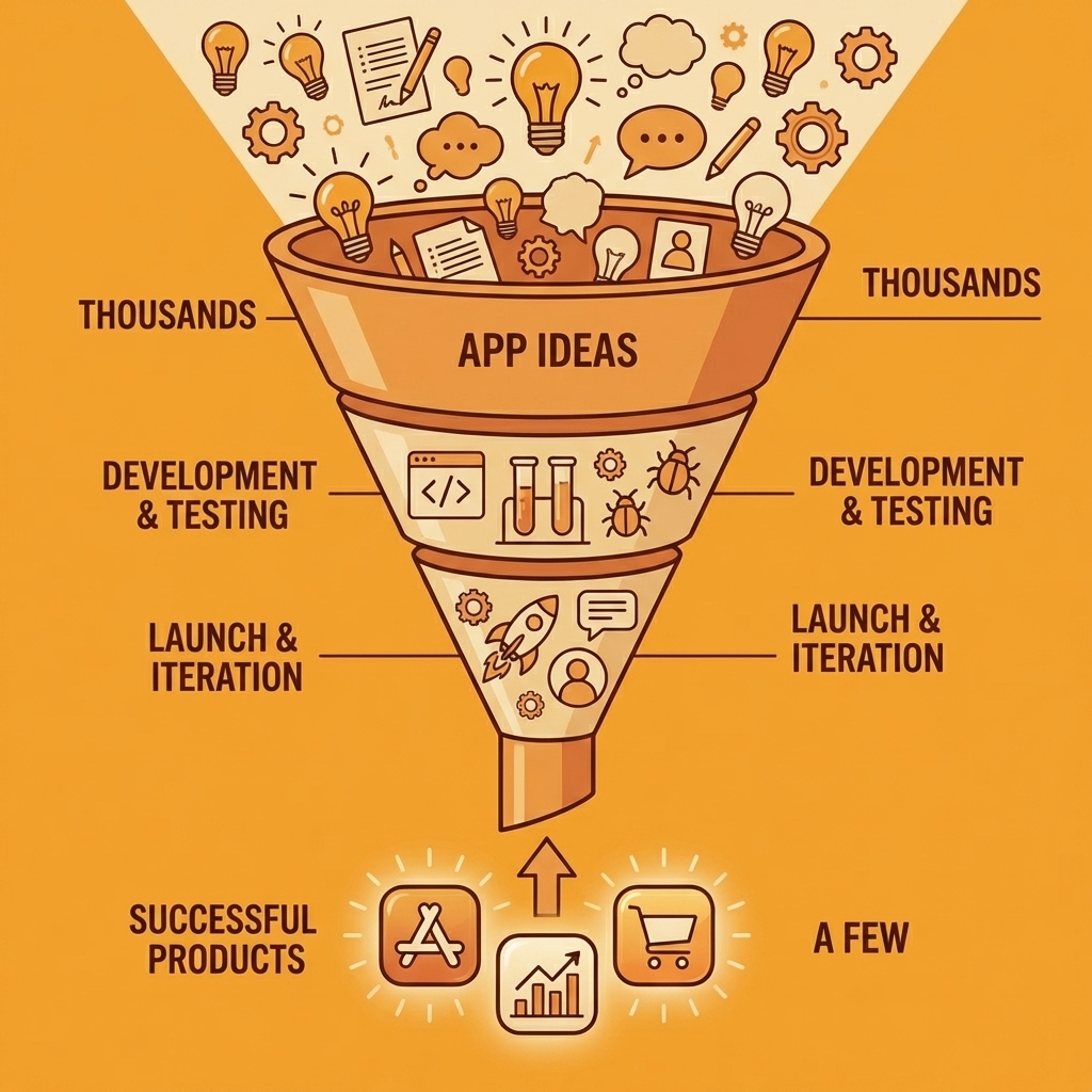 Funnel diagram showing thousands of app ideas narrowing down to a few successful products